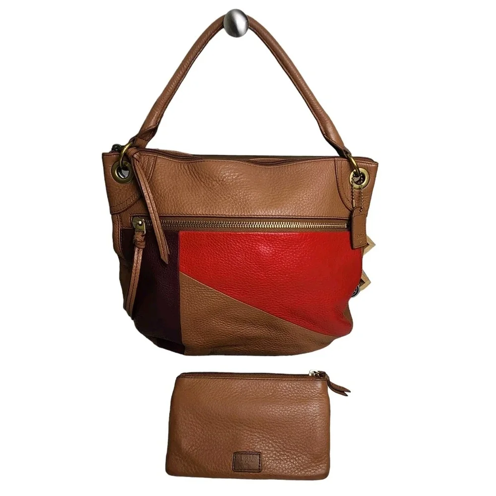 Fossil Karli Luxury Leather Hobo Bag Handbag Color Block & Matching Pouch EUC